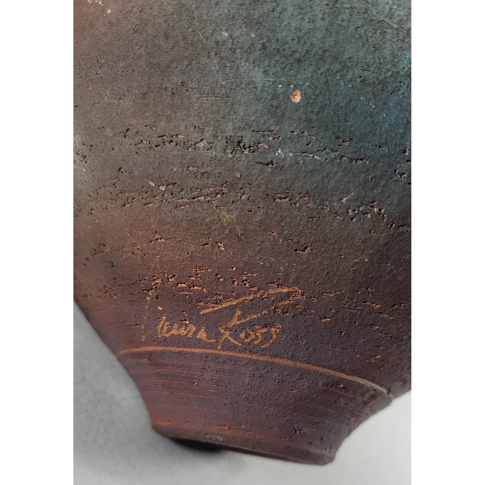 LAURA ROSS Handcrafted Signed Clay Pottery Basket with Wicker Bound Handle - Picture 5 of 8